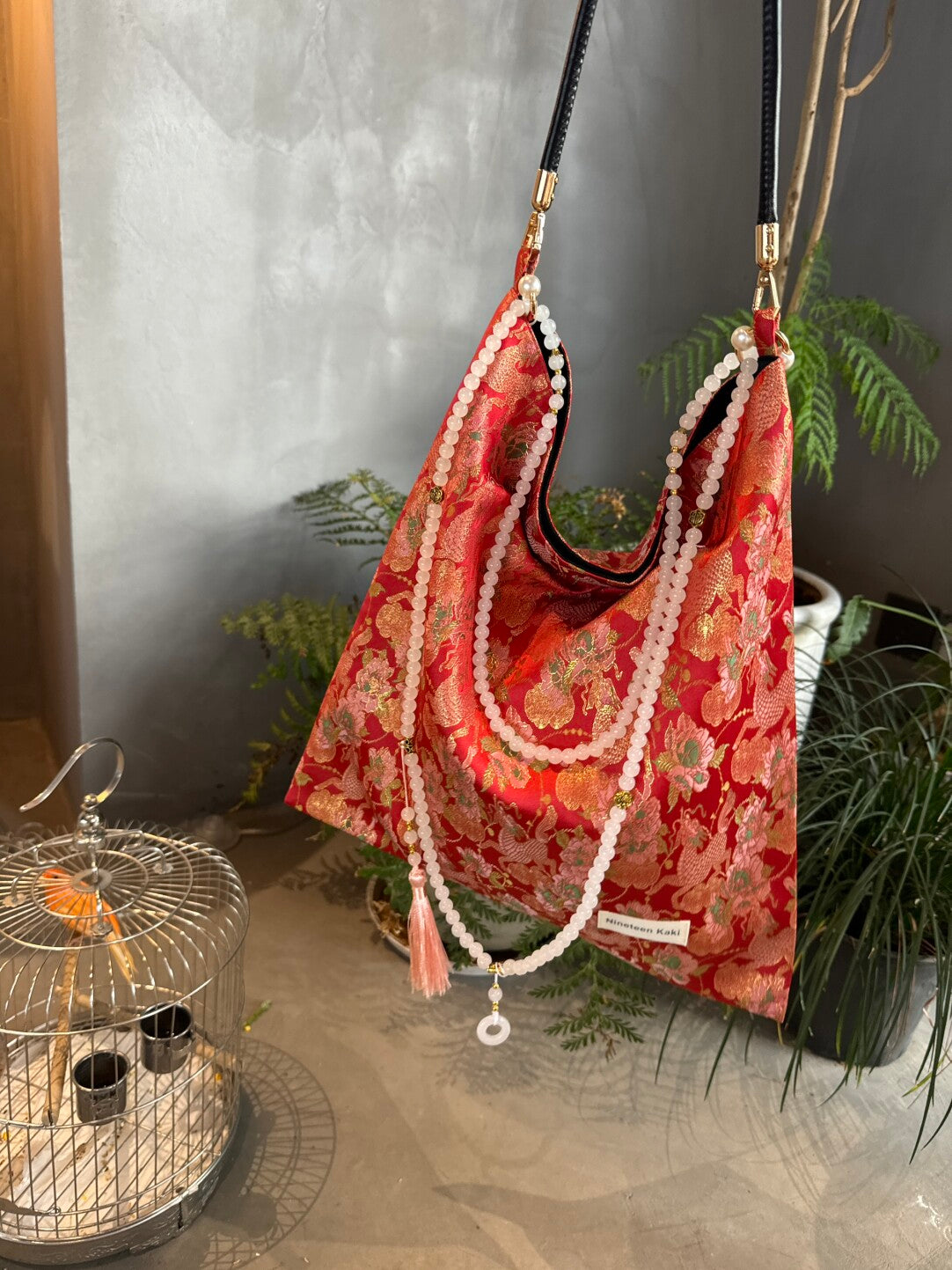 [Chinoiserie] Auspicious Peony Qilin Pattern Beaded Tassel Silk Bag | Bag | Three Fleas