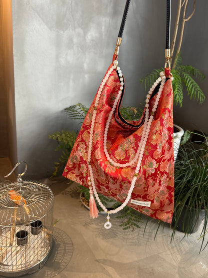 [Chinoiserie] Auspicious Peony Qilin Pattern Beaded Tassel Silk Bag | Bag | Three Fleas