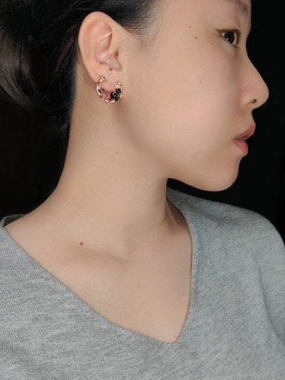 Black Pink Beaded Metal Earrings