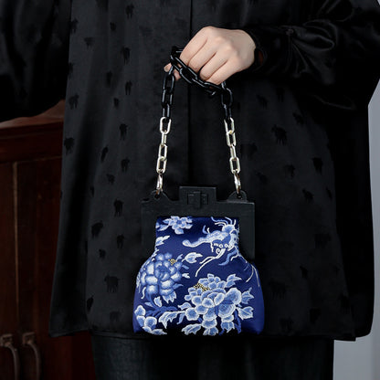 [Chinoiserie] Blue Flower Embroidery Frame Clutch Bag