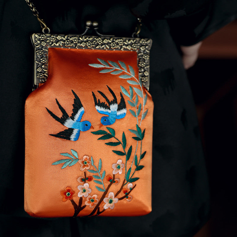 [Chinoiserie] Blue Little Birds Embroidery Frame Clutch Bag