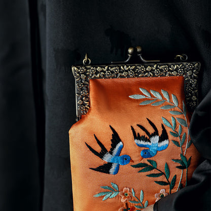 [Chinoiserie] Blue Little Birds Embroidery Frame Clutch Bag