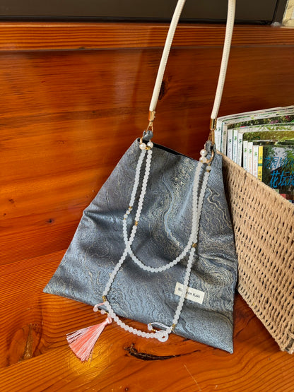 [Chinoiserie] Calm Blue Gilded Beaded Tassel Silk Bag | Bag | Three Fleas