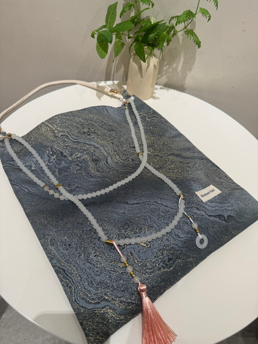 [Chinoiserie] Calm Blue Gilded Beaded Tassel Silk Bag | Bag | Three Fleas