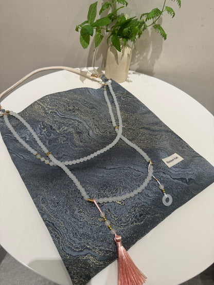 [Chinoiserie] Calm Blue Gilded Beaded Tassel Silk Bag | Bag | Three Fleas