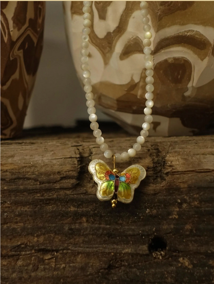 「Chinoiserie」Cloisonne Butterfly Shell Pearl Necklace