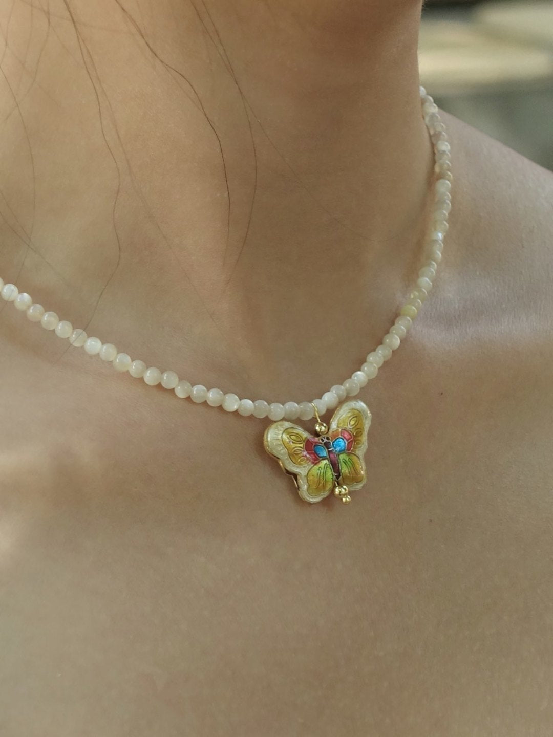 「Chinoiserie」Cloisonne Butterfly Shell Pearl Necklace