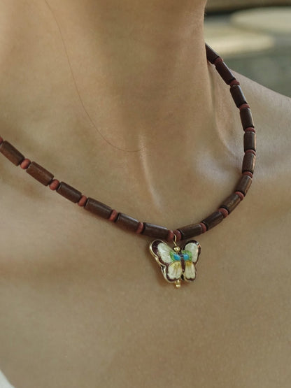 「Chinoiserie」Cloisonne Butterfly Wooden Beaded Necklace
