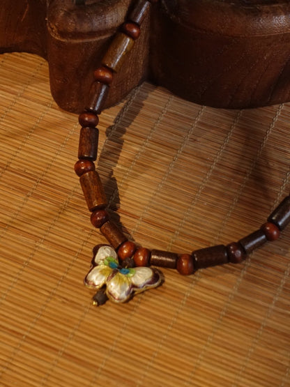 「Chinoiserie」Cloisonne Butterfly Wooden Beaded Necklace