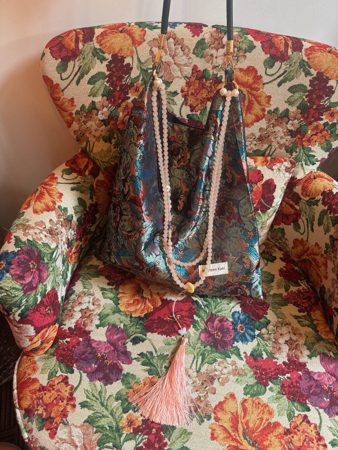[Chinoiserie] Dunhuang Butterfly Bloom Beaded Tassel Silk Bag | Bag | Three Fleas
