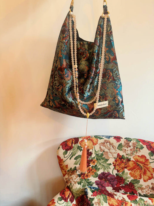 [Chinoiserie] Dunhuang Butterfly Bloom Beaded Tassel Silk Bag | Bag | Three Fleas