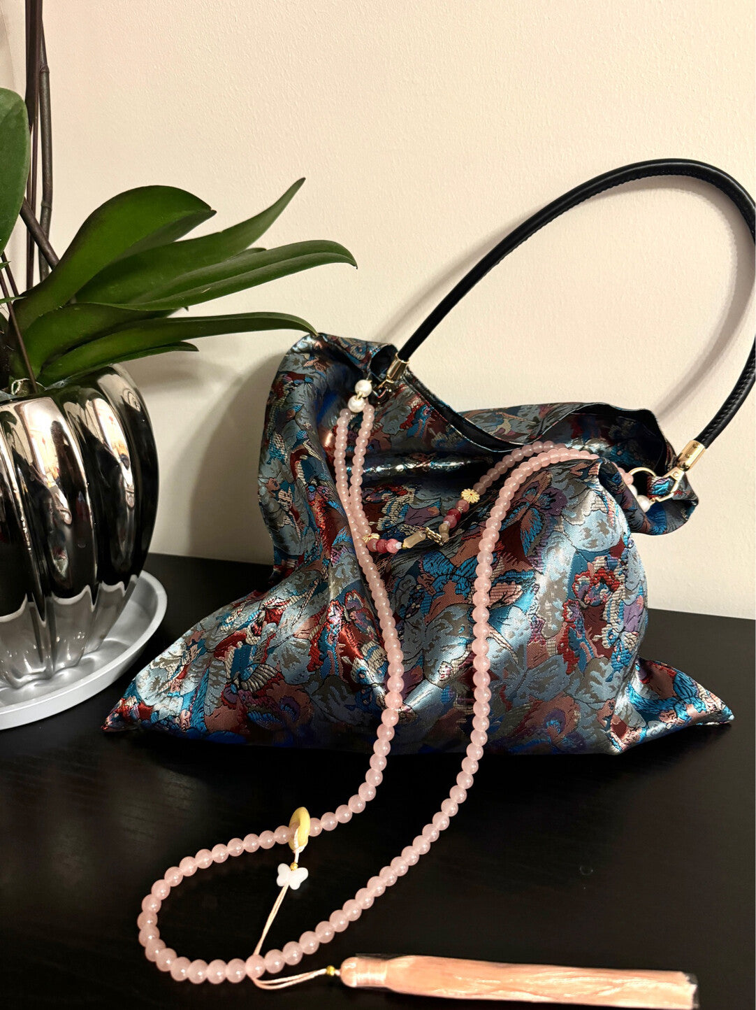 [Chinoiserie] Dunhuang Butterfly Bloom Beaded Tassel Silk Bag | Bag | Three Fleas