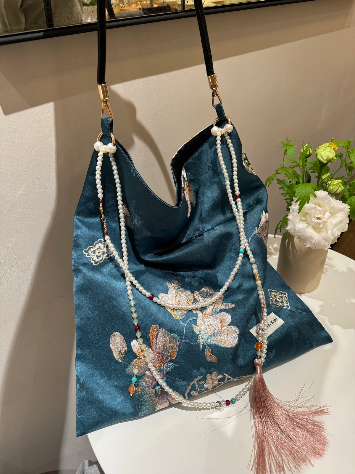 [Chinoiserie] Elegant Orchid  Beaded Tassel Silk Bag | Bag | Three Fleas