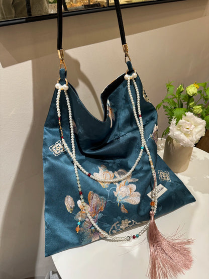 [Chinoiserie] Elegant Orchid  Beaded Tassel Silk Bag | Bag | Three Fleas