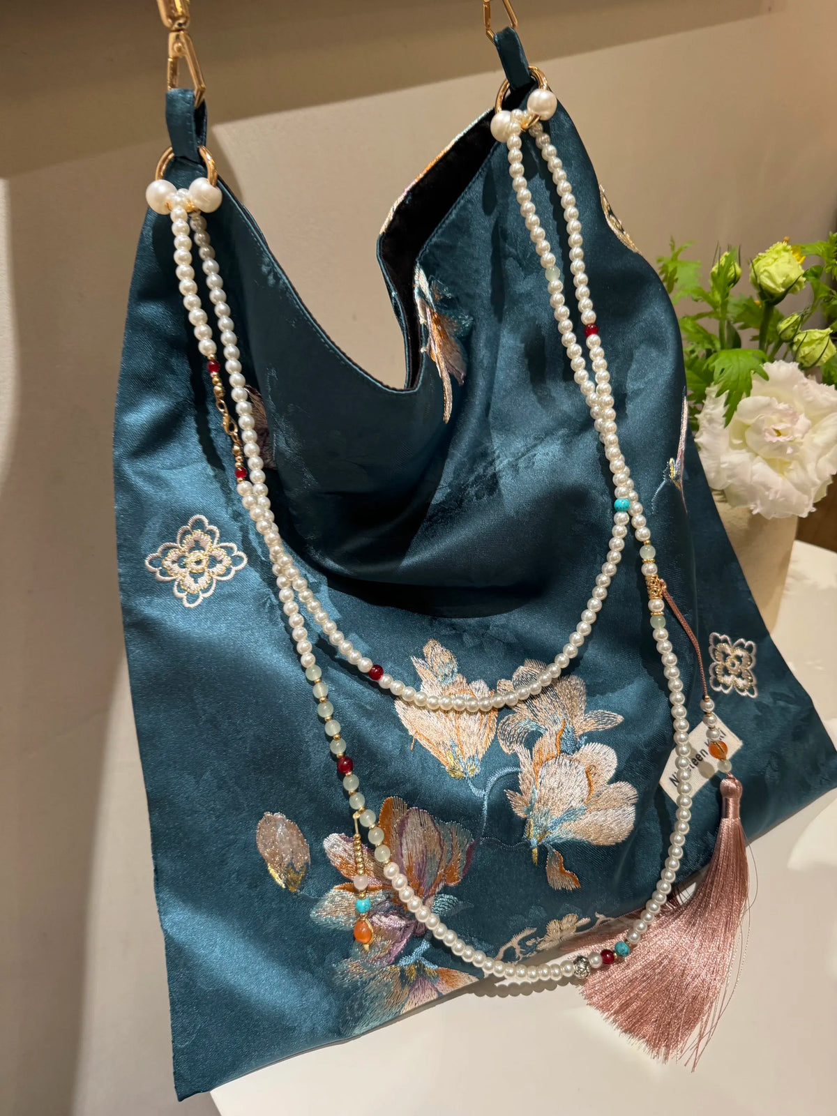 [Chinoiserie] Elegant Orchid  Beaded Tassel Silk Bag | Bag | Three Fleas