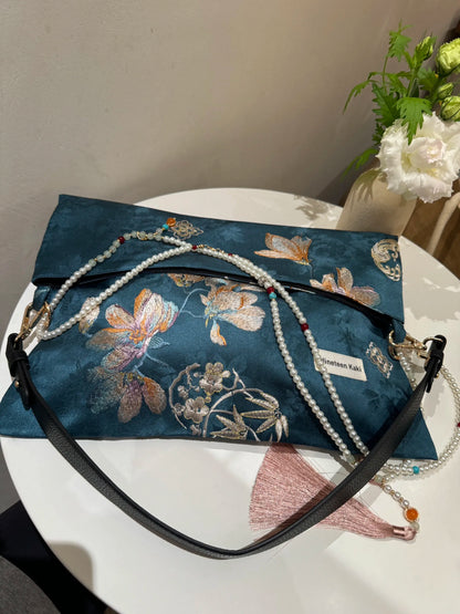 [Chinoiserie] Elegant Orchid  Beaded Tassel Silk Bag | Bag | Three Fleas