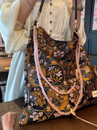 [Chinoiserie] Floral Bird Window Scene Beaded Tassel Silk Bag | Bag | Three Fleas