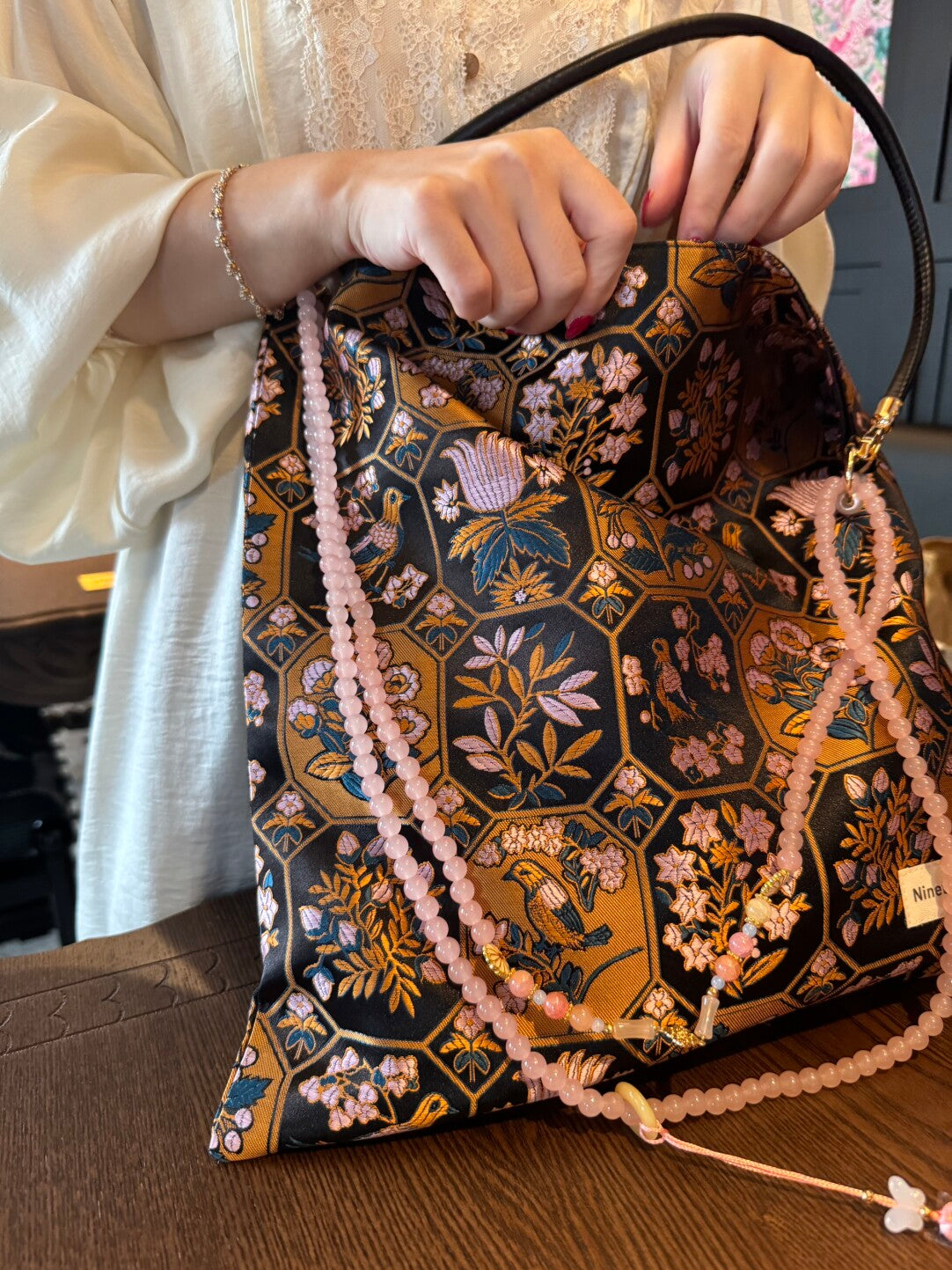 [Chinoiserie] Floral Bird Window Scene Beaded Tassel Silk Bag | Bag | Three Fleas