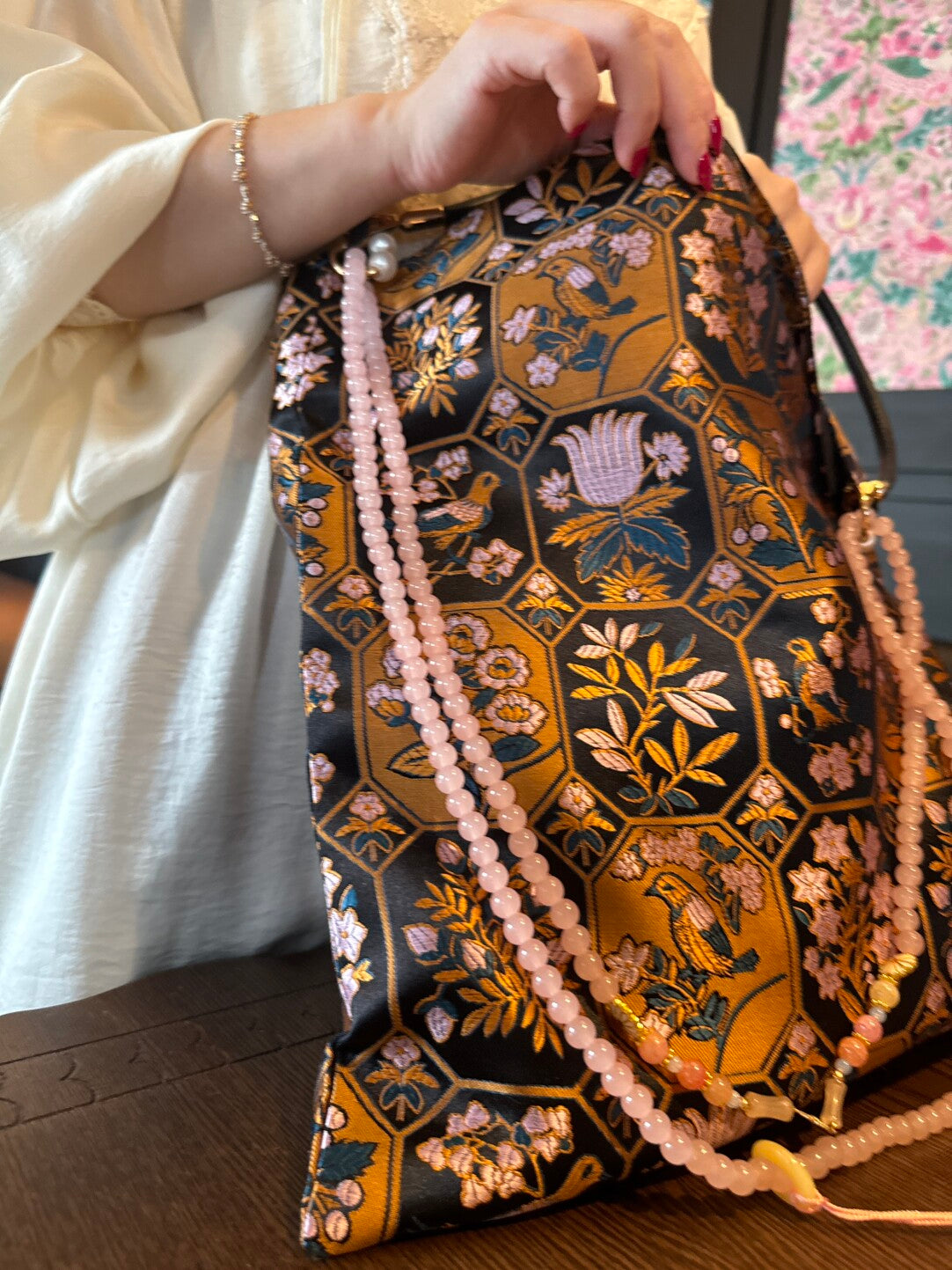 [Chinoiserie] Floral Bird Window Scene Beaded Tassel Silk Bag | Bag | Three Fleas