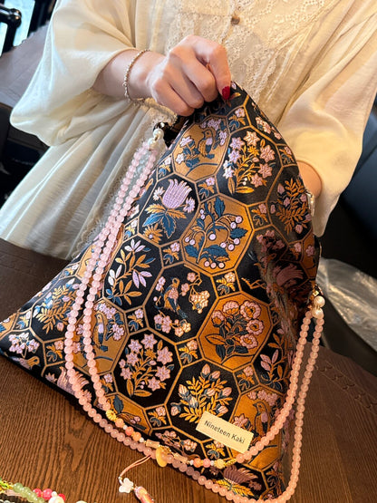 [Chinoiserie] Floral Bird Window Scene Beaded Tassel Silk Bag | Bag | Three Fleas