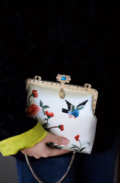 [Chinoiserie] Flower Bird Embroidery Frame Clutch Bag