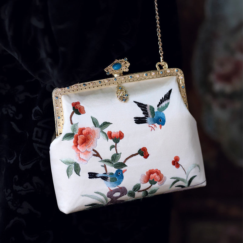 [Chinoiserie] Flower Bird Embroidery Frame Clutch Bag