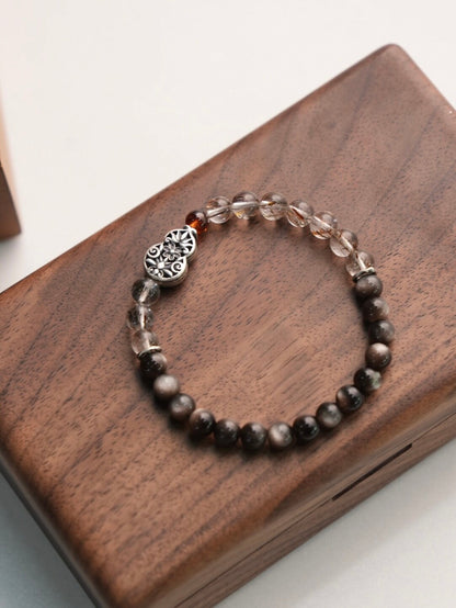 「Chinoiserie」Fortune Peanut Silver Obsidian Beaded Bracelet