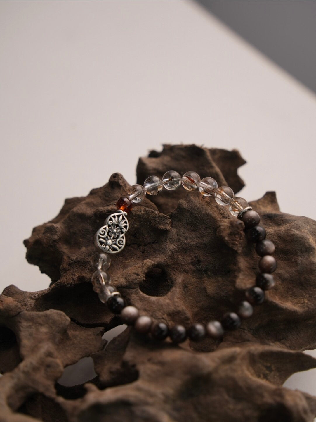 「Chinoiserie」Fortune Peanut Silver Obsidian Beaded Bracelet