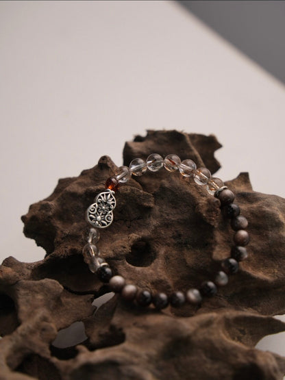 「Chinoiserie」Fortune Peanut Silver Obsidian Beaded Bracelet