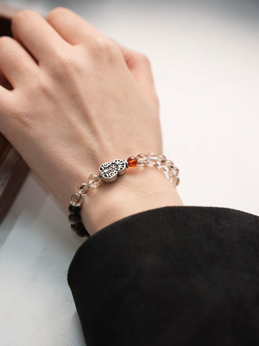 「Chinoiserie」Fortune Peanut Silver Obsidian Beaded Bracelet