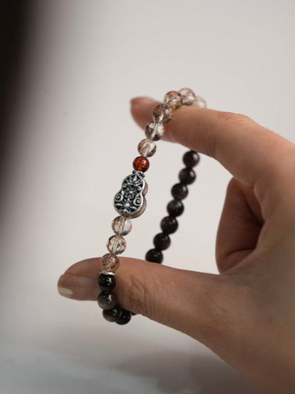 「Chinoiserie」Fortune Peanut Silver Obsidian Beaded Bracelet