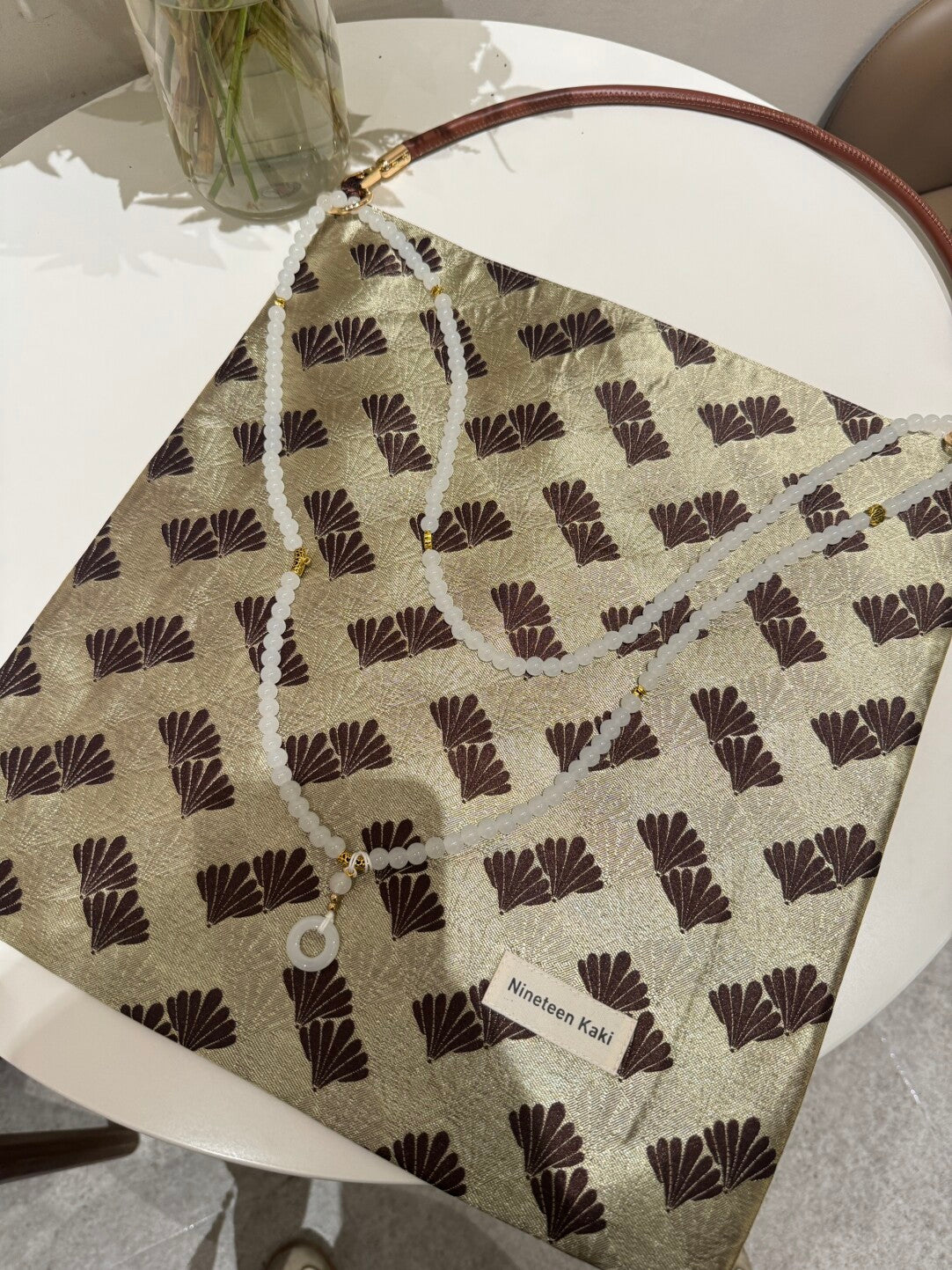[Chinoiserie] Gold Pine Leaf Beaded Tassel Silk Bag | Bag | Three Fleas