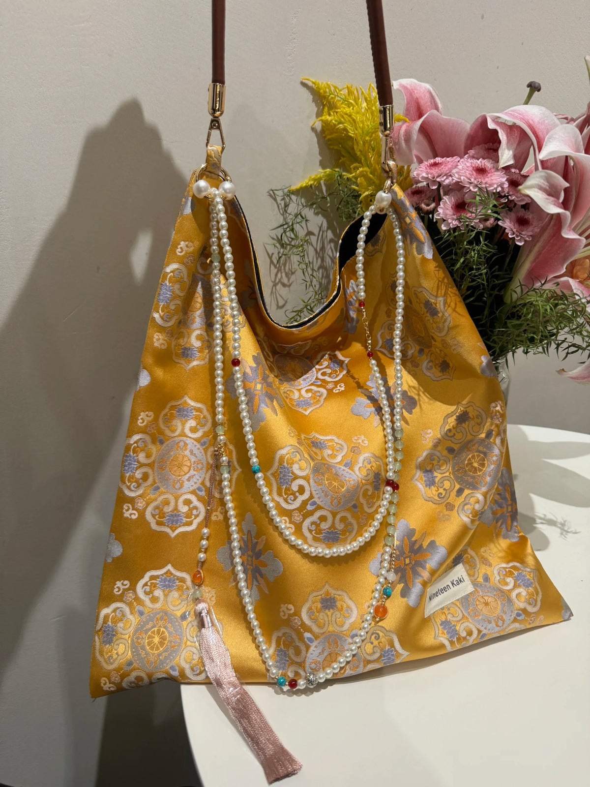 [Chinoiserie] Golden Gardenia Auspicious Beaded Tassel Silk Bag | Bag | Three Fleas