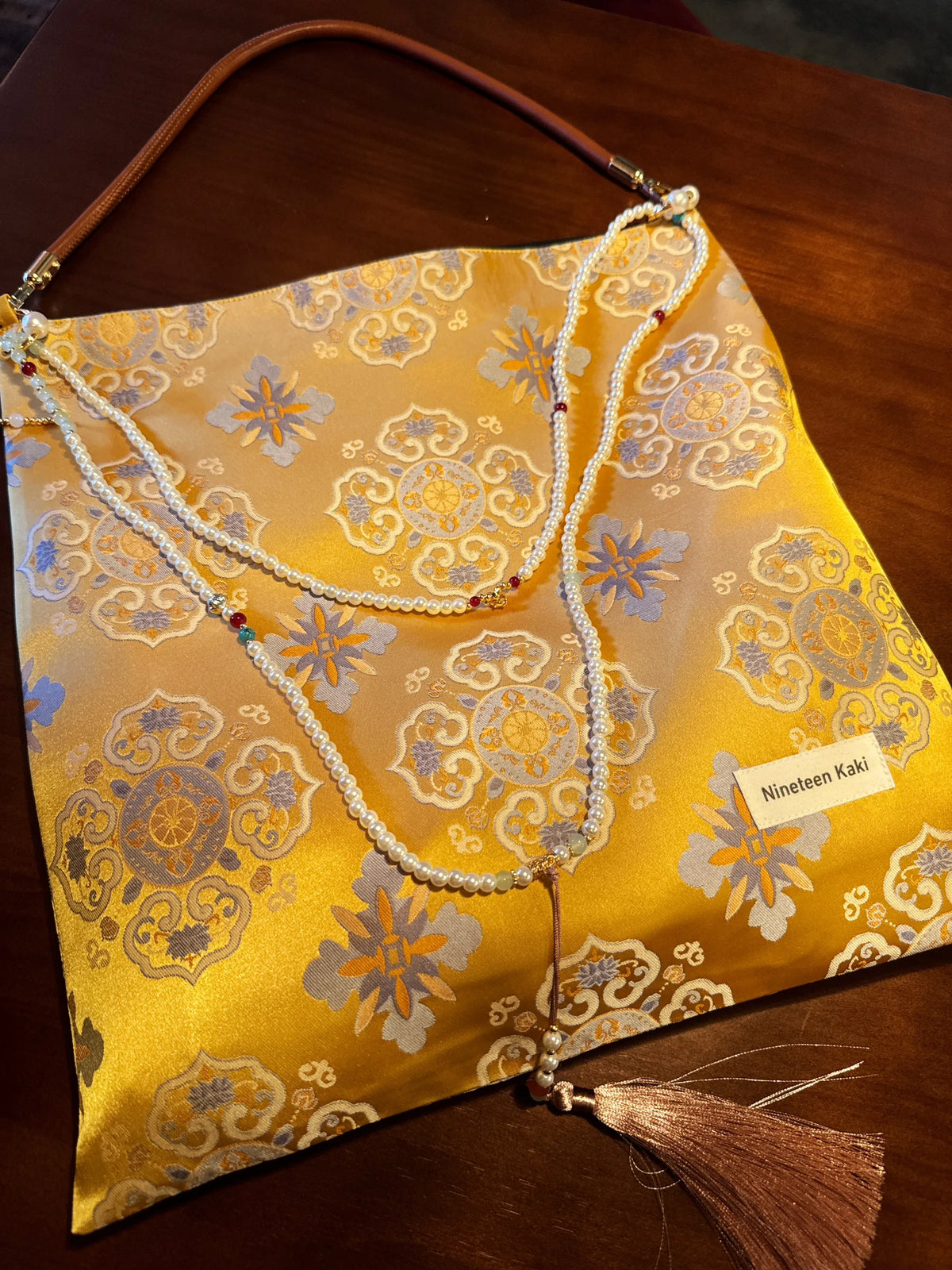 [Chinoiserie] Golden Gardenia Auspicious Beaded Tassel Silk Bag | Bag | Three Fleas