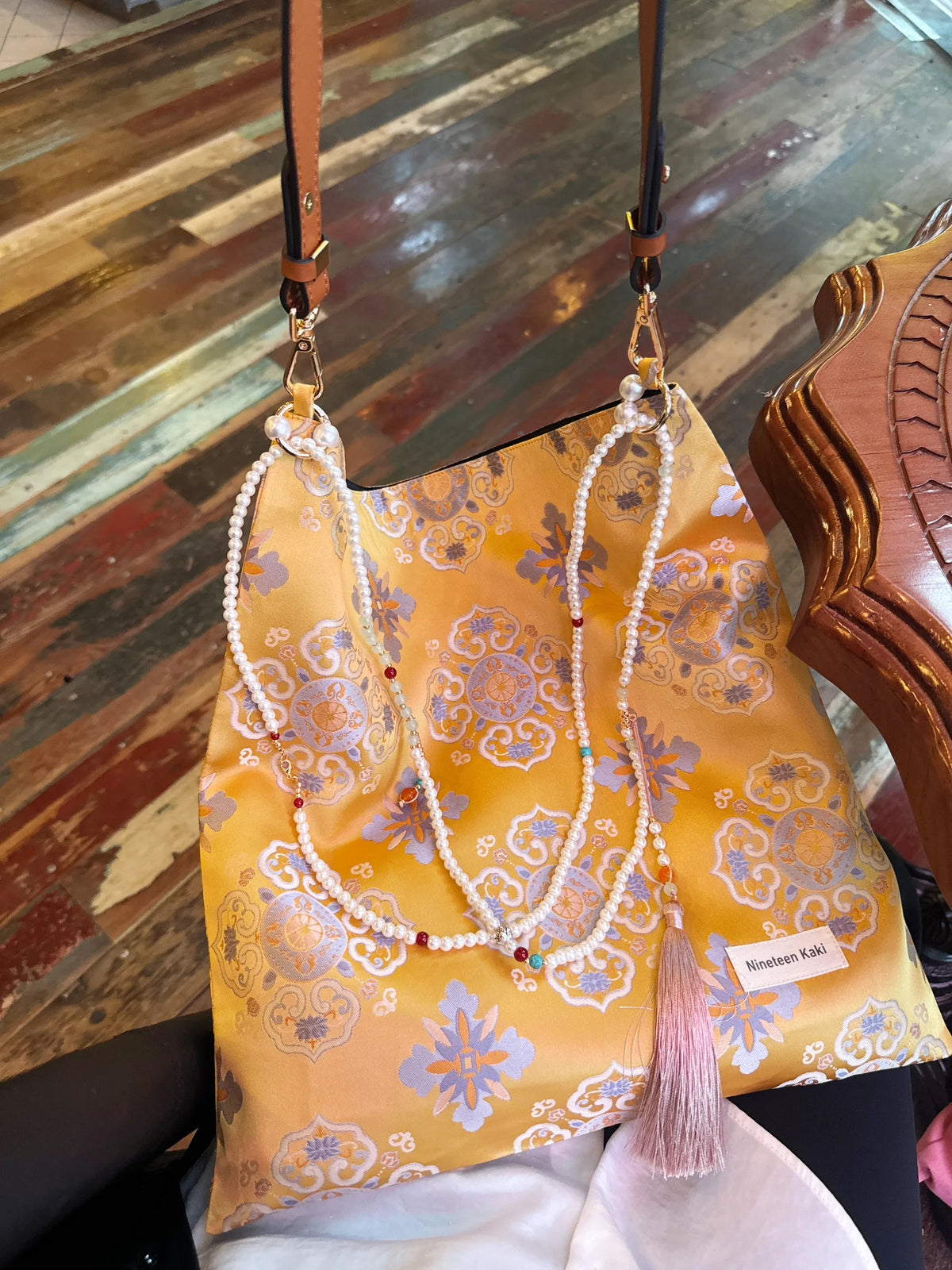 [Chinoiserie] Golden Gardenia Auspicious Beaded Tassel Silk Bag | Bag | Three Fleas