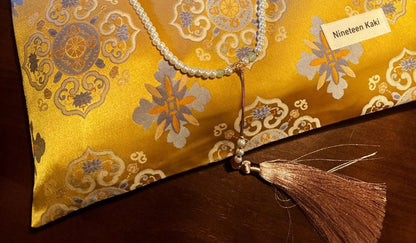 [Chinoiserie] Golden Gardenia Auspicious Beaded Tassel Silk Bag | Bag | Three Fleas