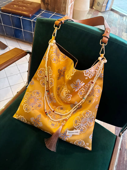 [Chinoiserie] Golden Gardenia Auspicious Beaded Tassel Silk Bag | Bag | Three Fleas