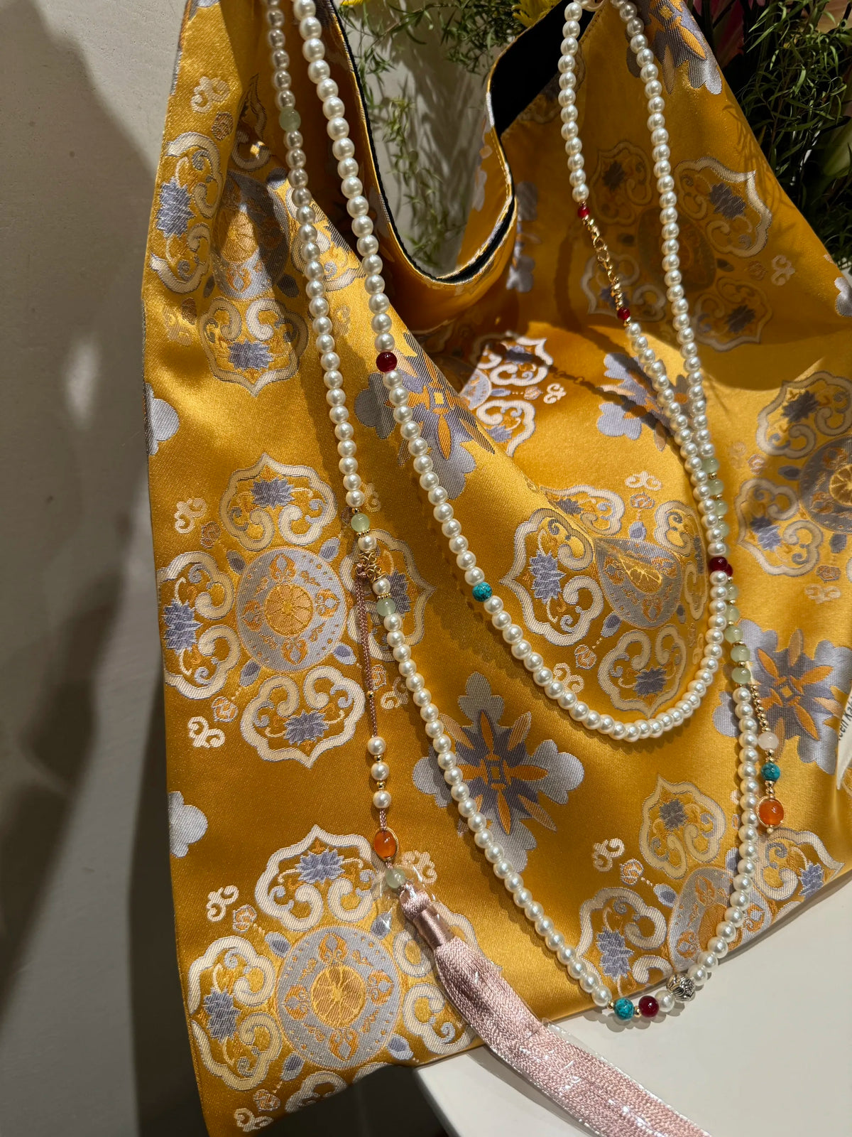 [Chinoiserie] Golden Gardenia Auspicious Beaded Tassel Silk Bag | Bag | Three Fleas