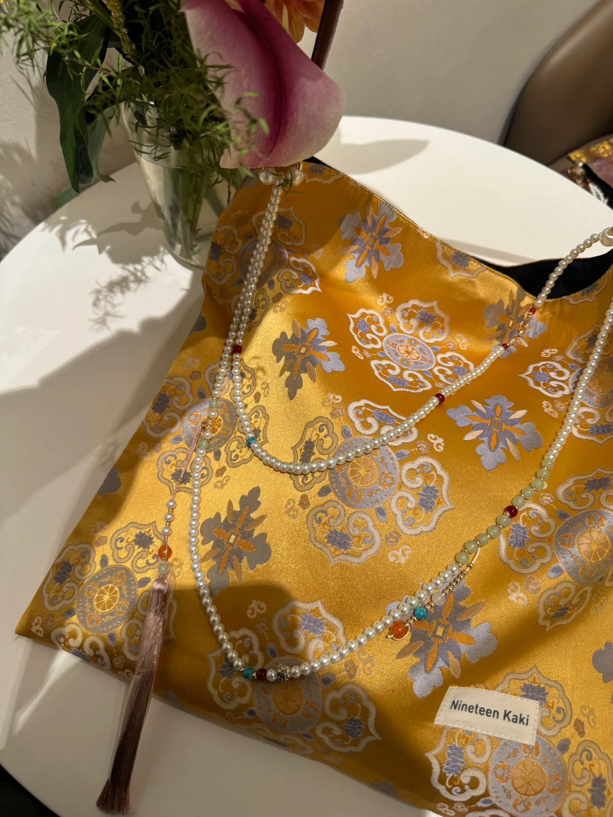 [Chinoiserie] Golden Gardenia Auspicious Beaded Tassel Silk Bag | Bag | Three Fleas