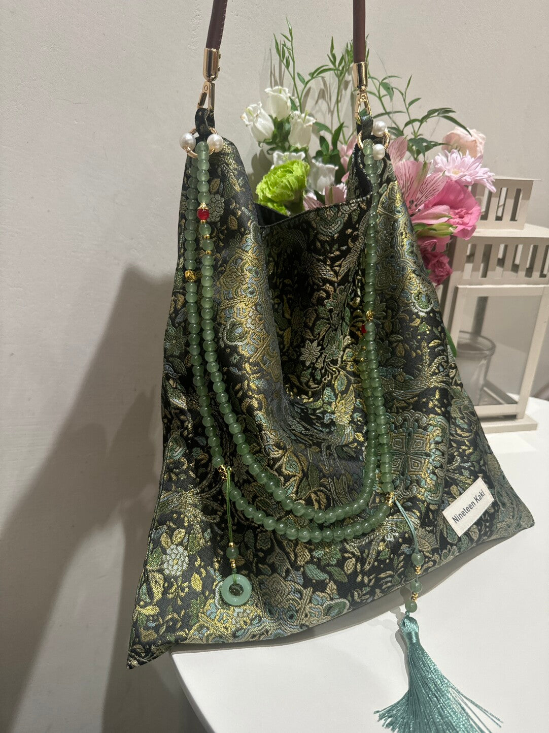 [Chinoiserie] Golden Green Beaded Tassel Silk Bag | Bag | Three Fleas