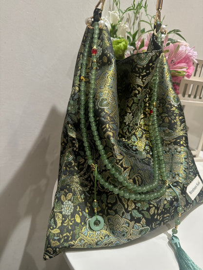 [Chinoiserie] Golden Green Beaded Tassel Silk Bag | Bag | Three Fleas