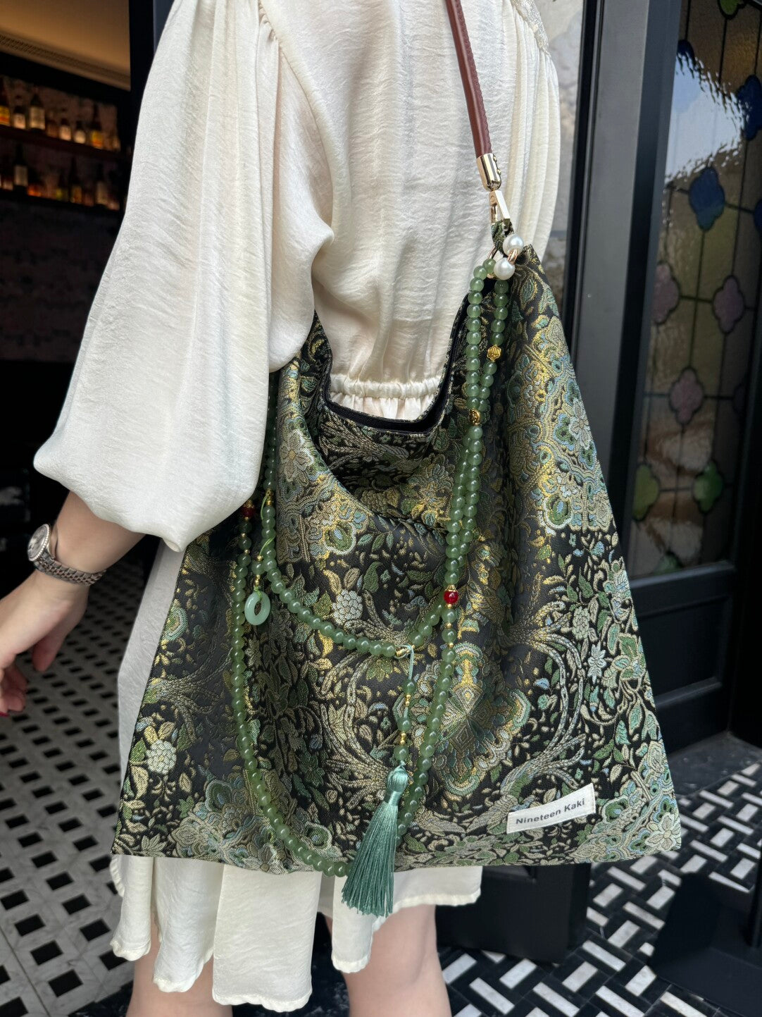 [Chinoiserie] Golden Green Beaded Tassel Silk Bag | Bag | Three Fleas