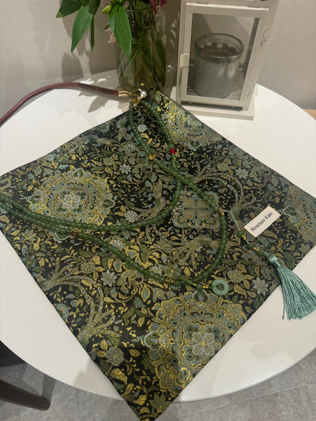 [Chinoiserie] Golden Green Beaded Tassel Silk Bag | Bag | Three Fleas