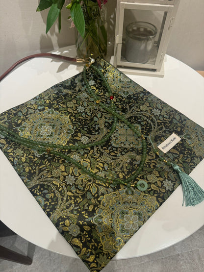 [Chinoiserie] Golden Green Beaded Tassel Silk Bag | Bag | Three Fleas