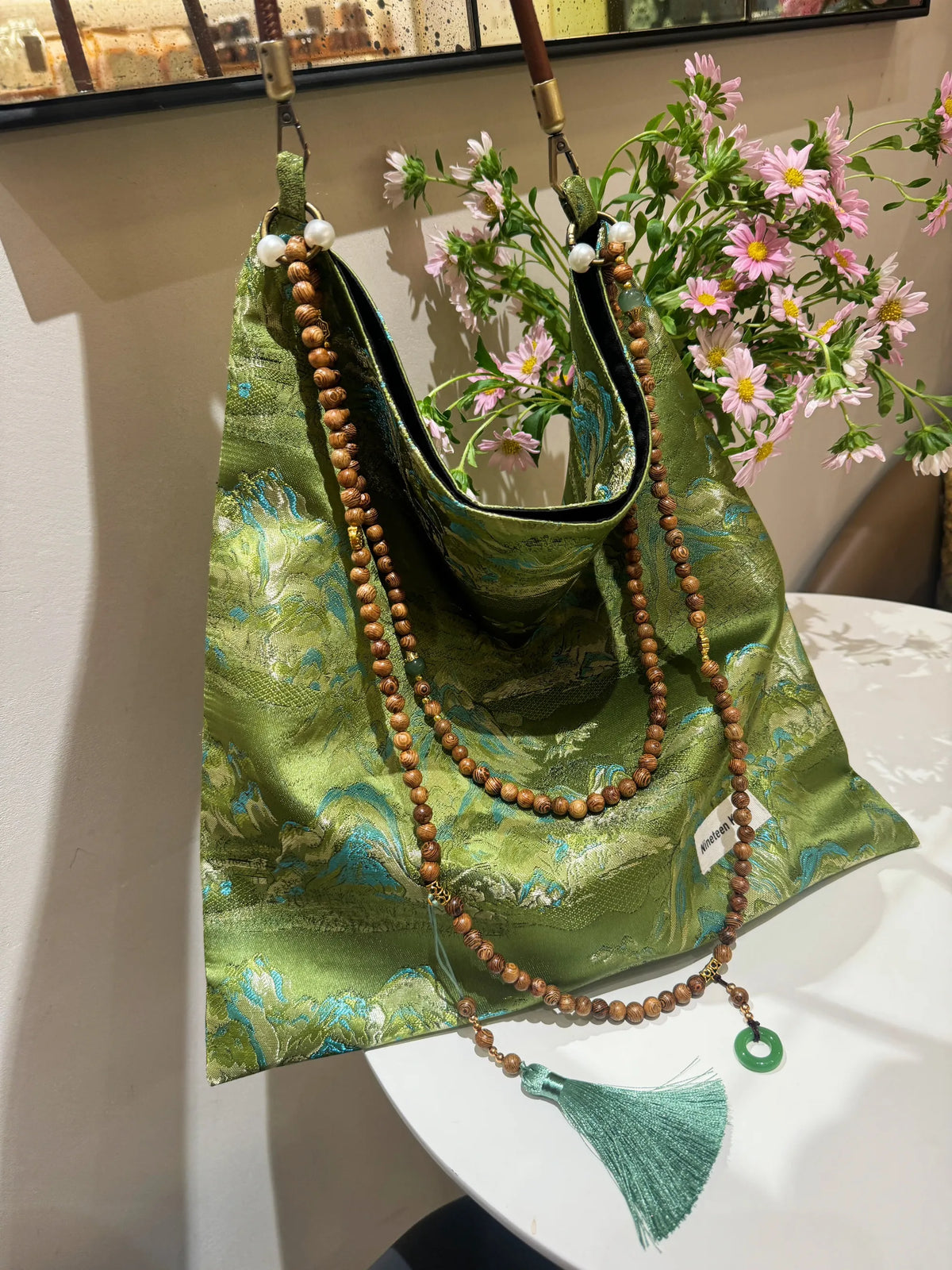 [Chinoiserie] Green Mountains Beaded Tassel Silk Bag | Bag | Three Fleas