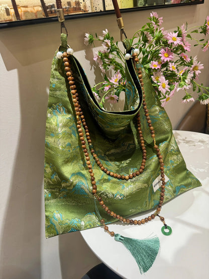 [Chinoiserie] Green Mountains Beaded Tassel Silk Bag | Bag | Three Fleas