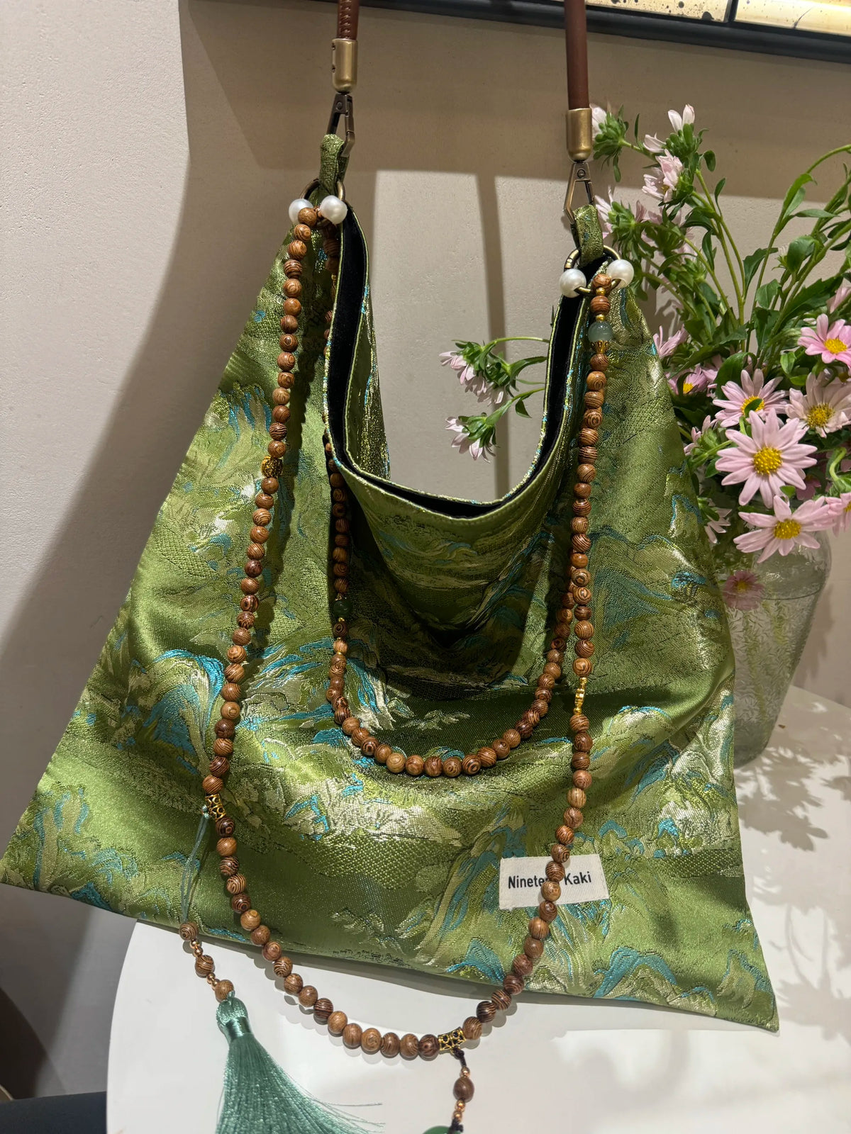 [Chinoiserie] Green Mountains Beaded Tassel Silk Bag | Bag | Three Fleas