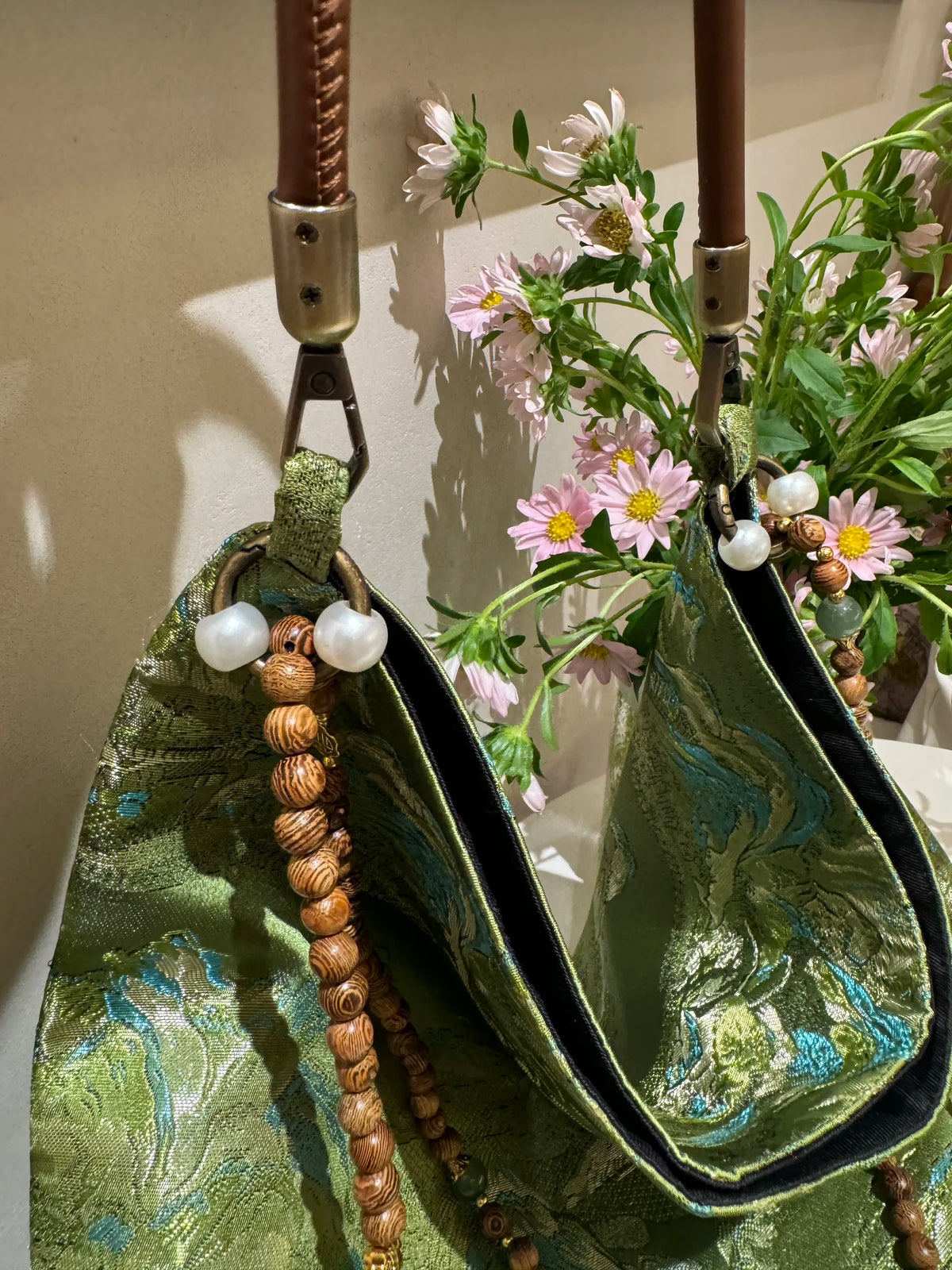 [Chinoiserie] Green Mountains Beaded Tassel Silk Bag | Bag | Three Fleas