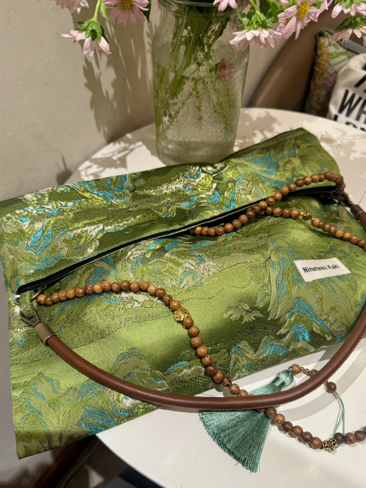[Chinoiserie] Green Mountains Beaded Tassel Silk Bag | Bag | Three Fleas