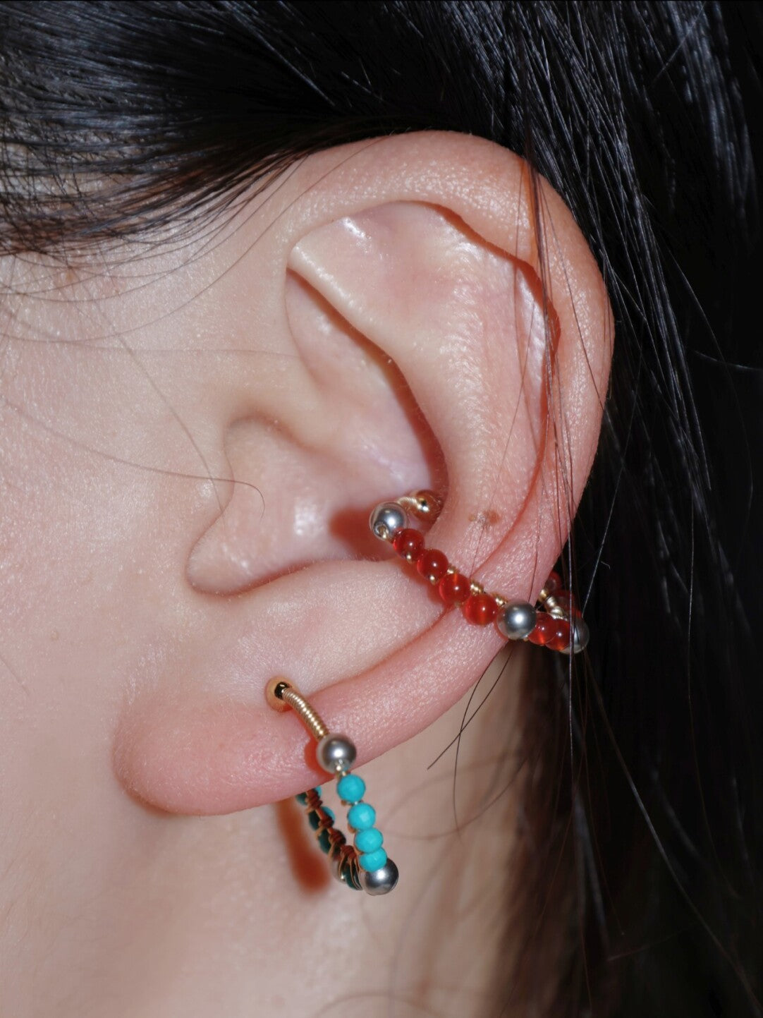 「Chinoiserie」Handmade Mini Red and Green Earring Clips